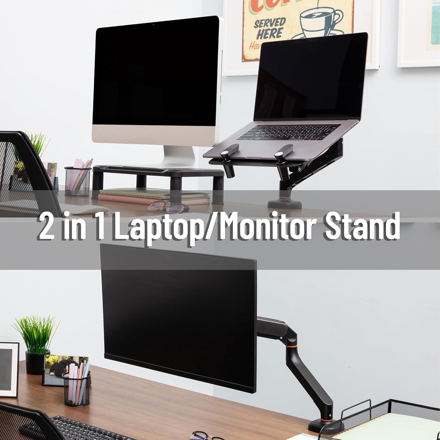 imageMind Reader Gas Spring Laptop Desk Mount Fits 116173 Laptops or Monitors 180 Rotate 132 lb Capacity Single Arm with Integrated Cable Management Adjustable TiltSwivel Black