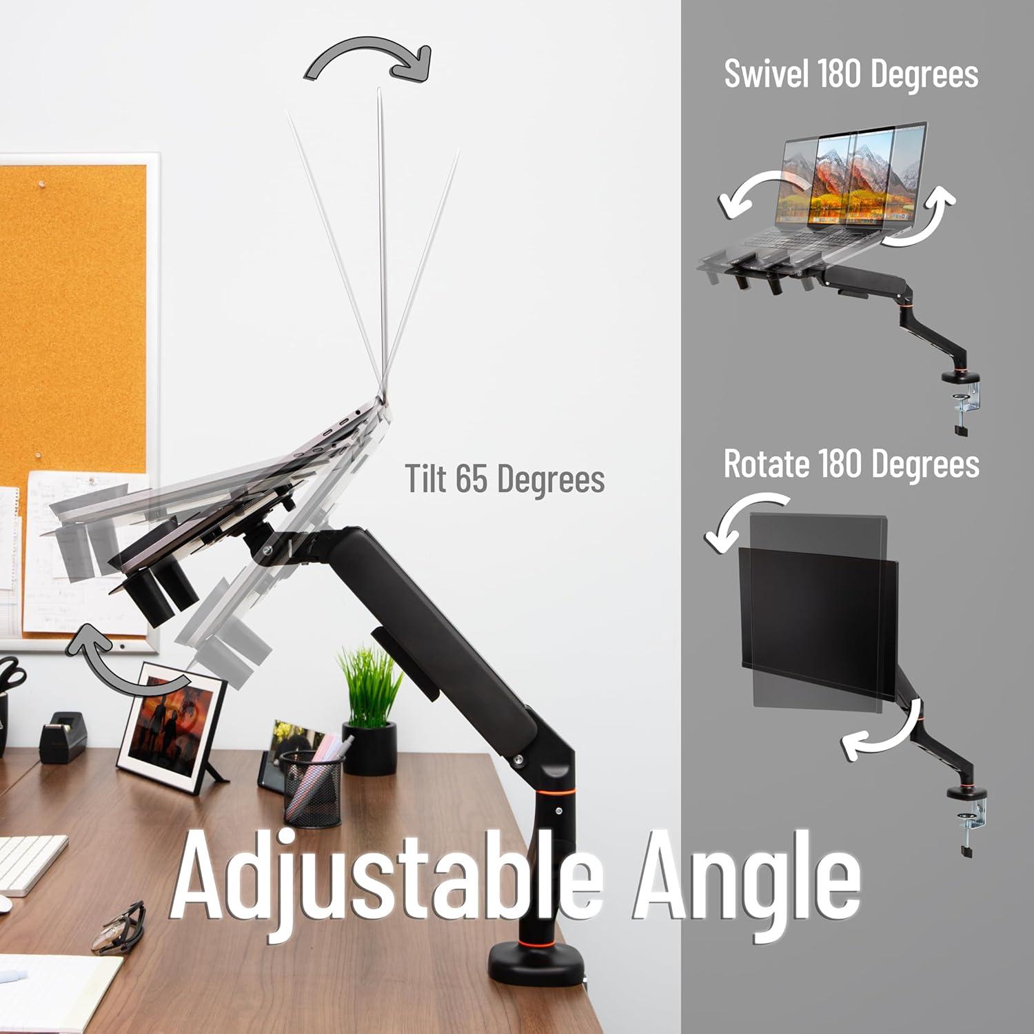 imageMind Reader Gas Spring Laptop Desk Mount Fits 116173 Laptops or Monitors 180 Rotate 132 lb Capacity Single Arm with Integrated Cable Management Adjustable TiltSwivel Black