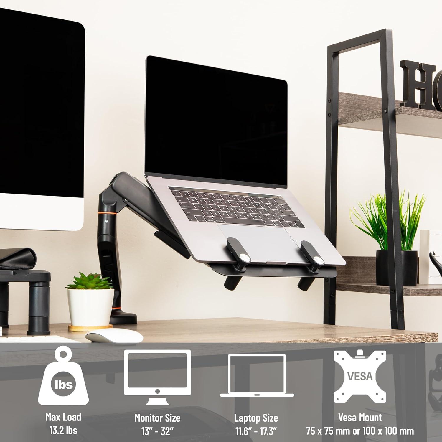 imageMind Reader Gas Spring Laptop Desk Mount Fits 116173 Laptops or Monitors 180 Rotate 132 lb Capacity Single Arm with Integrated Cable Management Adjustable TiltSwivel Black