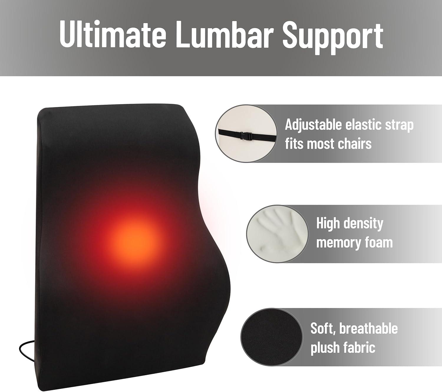 imageMind Reader Heated AirCloud Lumbar Cushion Ergonomic Memory Foam Back Support Pillow with Adjustable Heat Settings and Timer Black