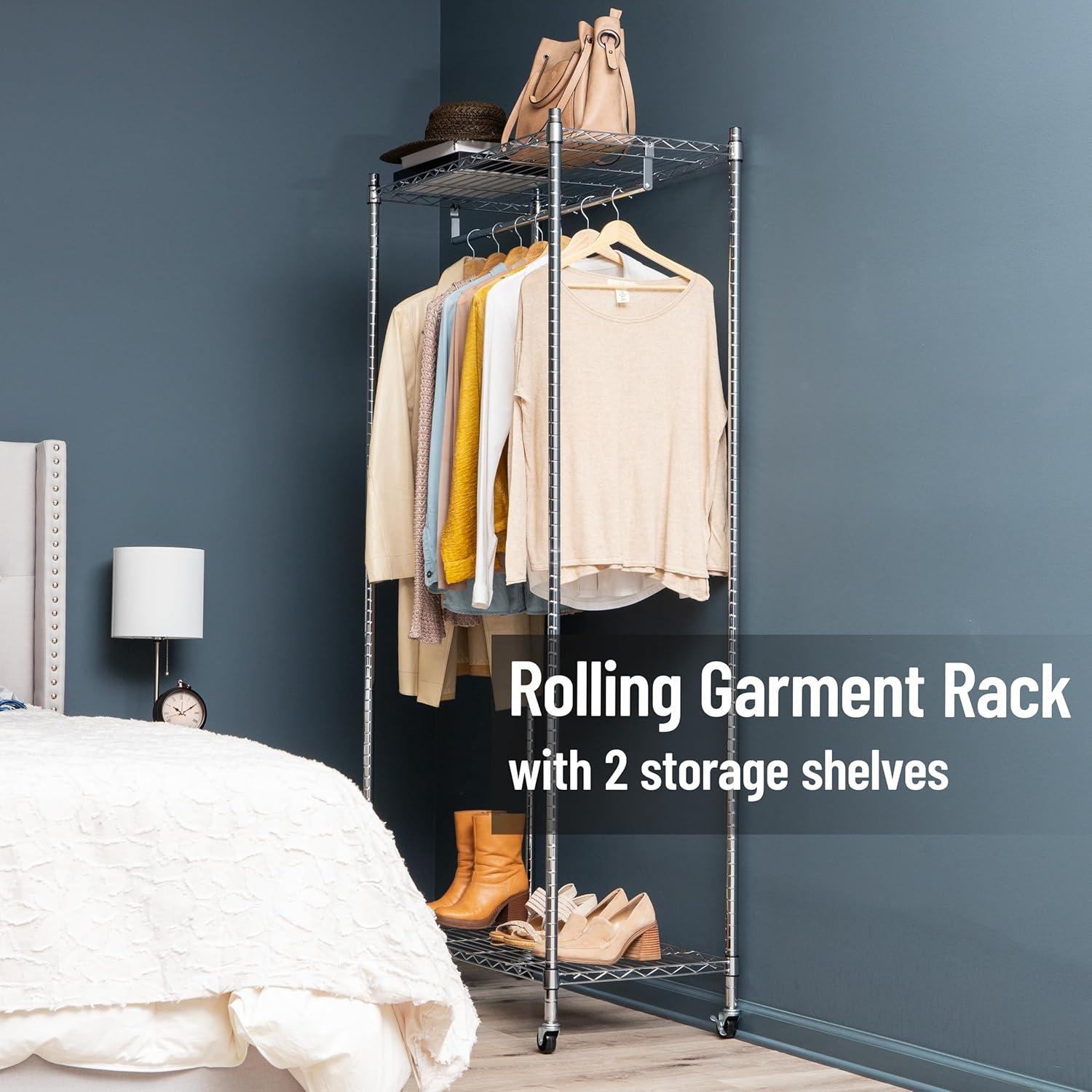 imageMind Reader Heavy Duty Rolling Garment Rack with Adjustable Bar Double Shelves amp Locking Wheels Chrome Steel Clothing Organizer Chrome