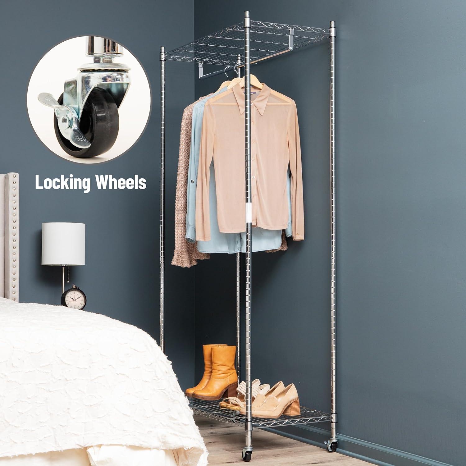 imageMind Reader Heavy Duty Rolling Garment Rack with Adjustable Bar Double Shelves amp Locking Wheels Chrome Steel Clothing Organizer Chrome