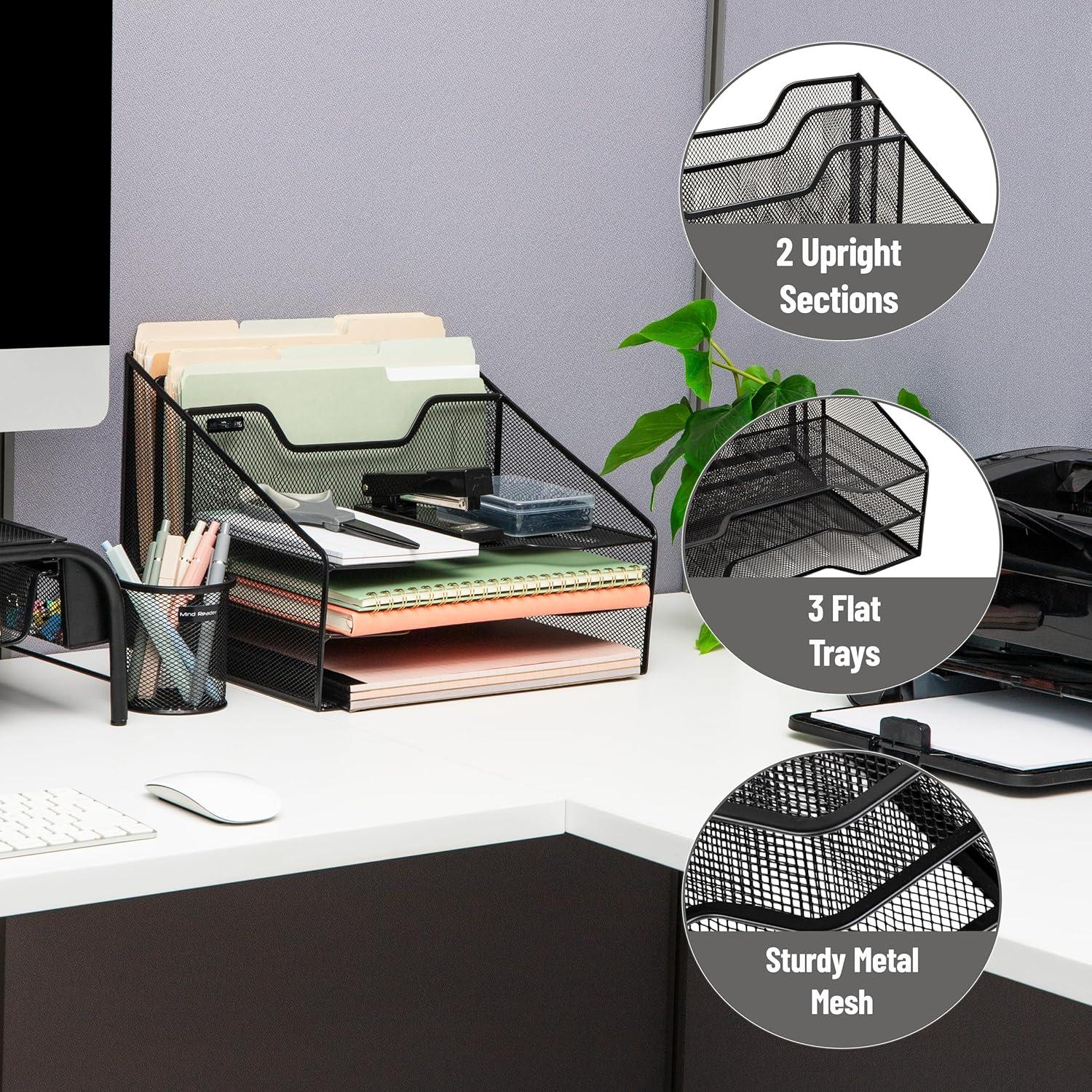 imageMind Reader Metal Mesh Desktop File Organizer 3Tier Paper Tray with 5 Compartments Office Mail Sorter BlackBlack