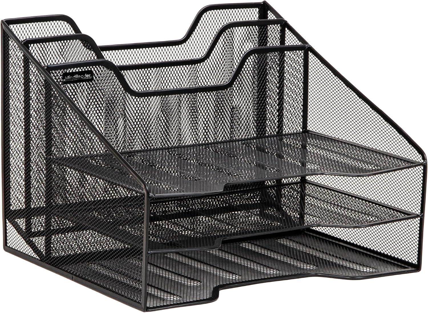 imageMind Reader Metal Mesh Desktop File Organizer 3Tier Paper Tray with 5 Compartments Office Mail Sorter BlackBlack