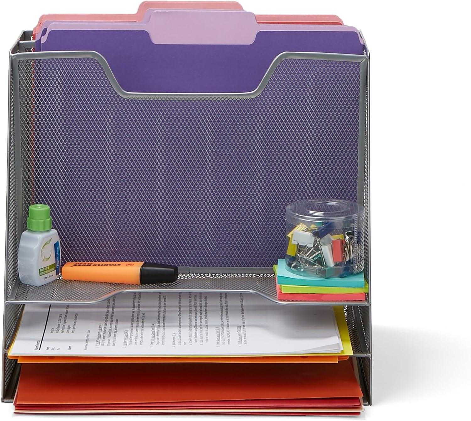 imageMind Reader Metal Mesh Desktop File Organizer 3Tier Paper Tray with 5 Compartments Office Mail Sorter BlackSilver