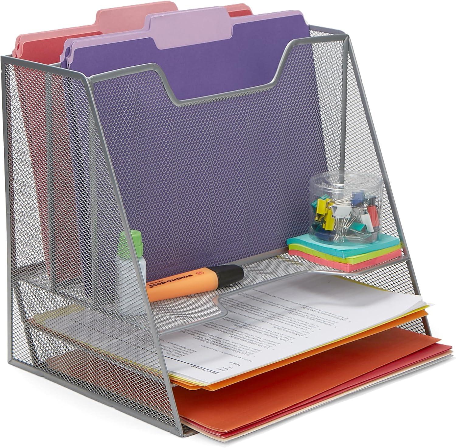 imageMind Reader Metal Mesh Desktop File Organizer 3Tier Paper Tray with 5 Compartments Office Mail Sorter BlackSilver