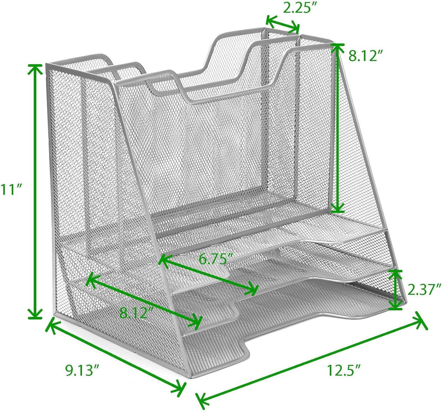 imageMind Reader Metal Mesh Desktop File Organizer 3Tier Paper Tray with 5 Compartments Office Mail Sorter BlackSilver