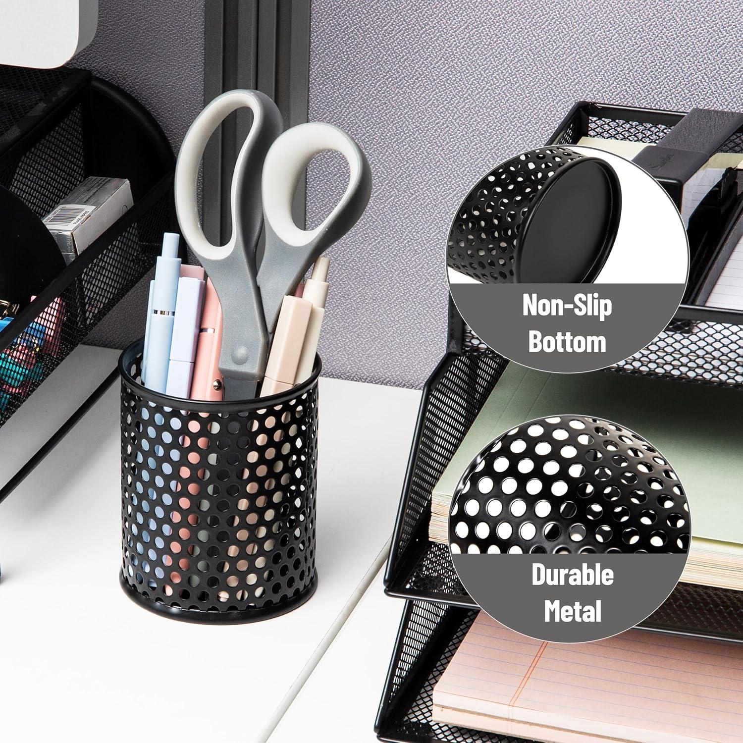 imageMind Reader Metal Pen Cups Mesh Pencil Holders Desktop Organizer Set Metal Set of 3 Black