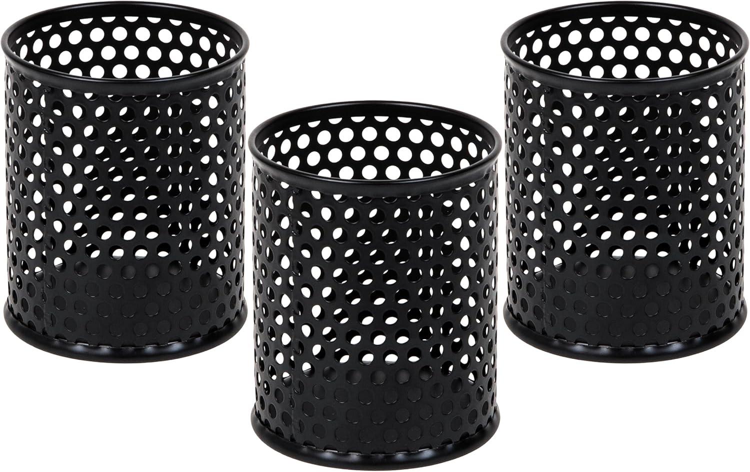 imageMind Reader Metal Pen Cups Mesh Pencil Holders Desktop Organizer Set Metal Set of 3 Black