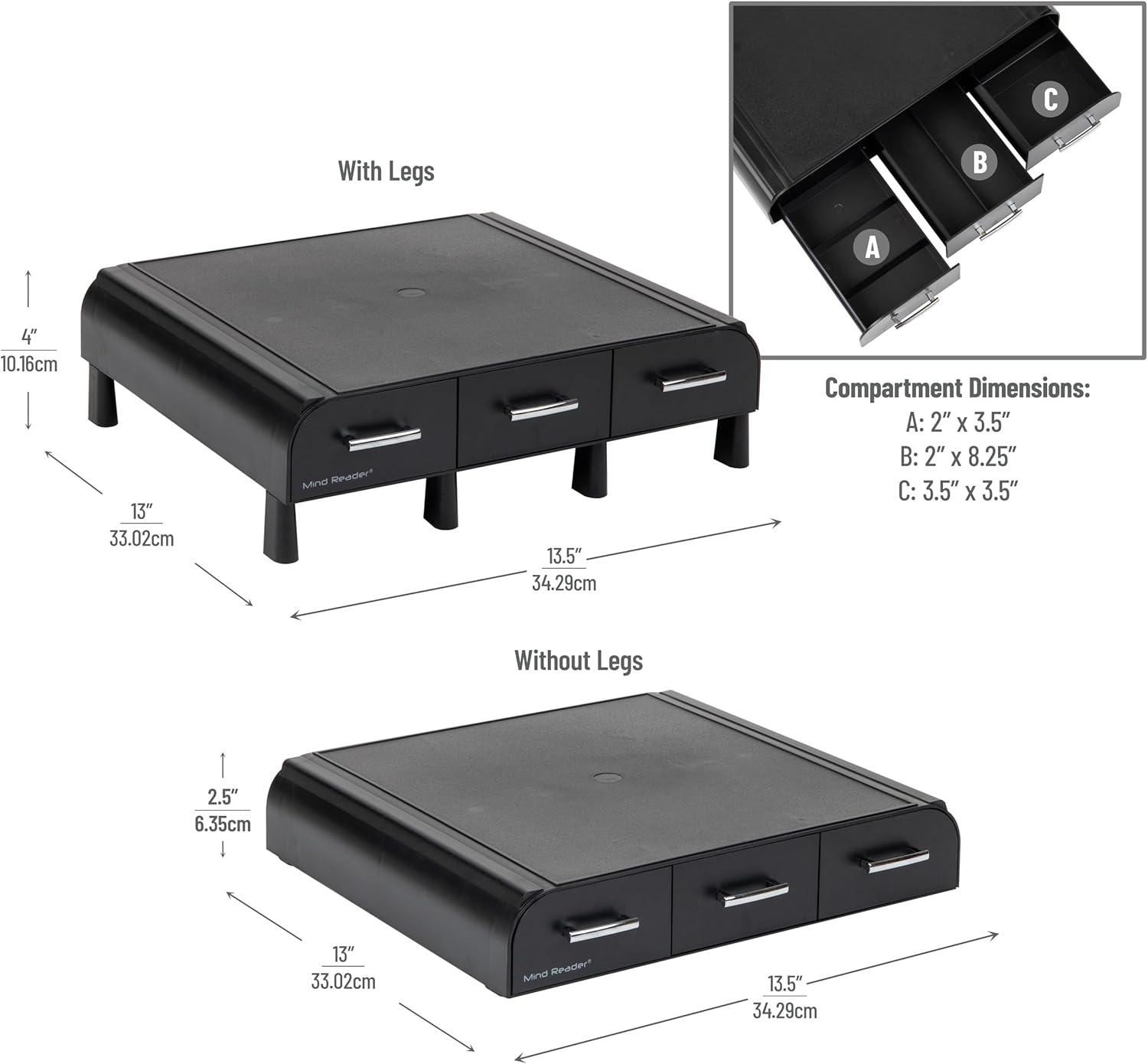 imageMind Reader Monitor Stand 3 Storage Drawers Desktop Organizer Riser Office 135L x 13W x 4H Set of 2 BlackBlack