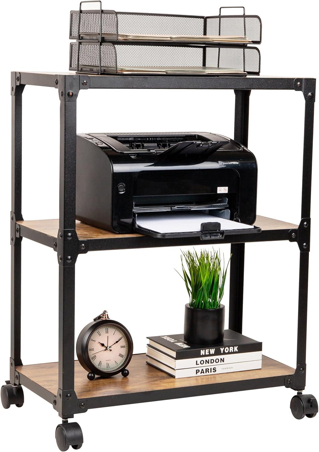 imageMind Reader Multipurpose Rolling Cart with 3 Tiers Mobile Office Storage Organizer Metal MDF Brown3 Tier