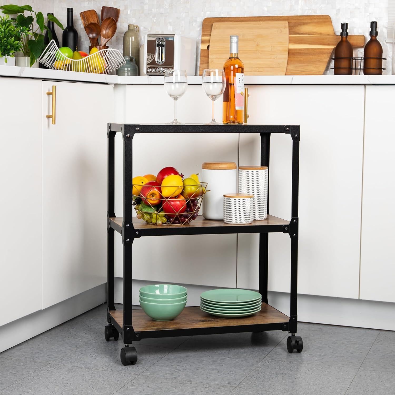 imageMind Reader Multipurpose Rolling Cart with 3 Tiers Mobile Office Storage Organizer Metal MDF Brown3 Tier