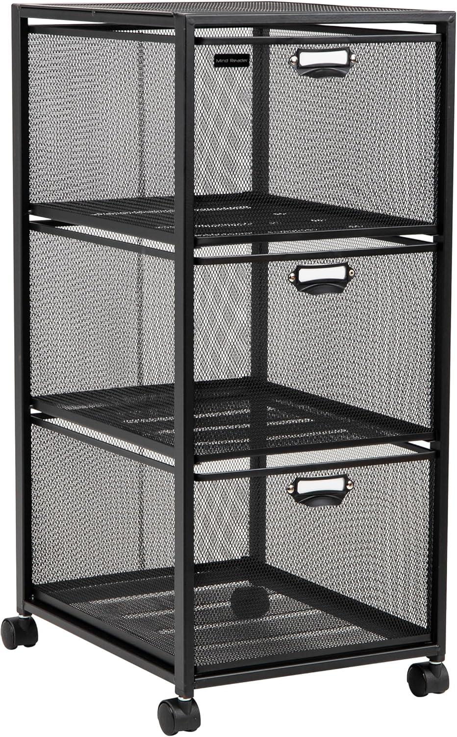 imageMind Reader Office Storage Organizer with Mesh Drawers Label Holders and Optional Wheels Metal Mesh Black3Drawers