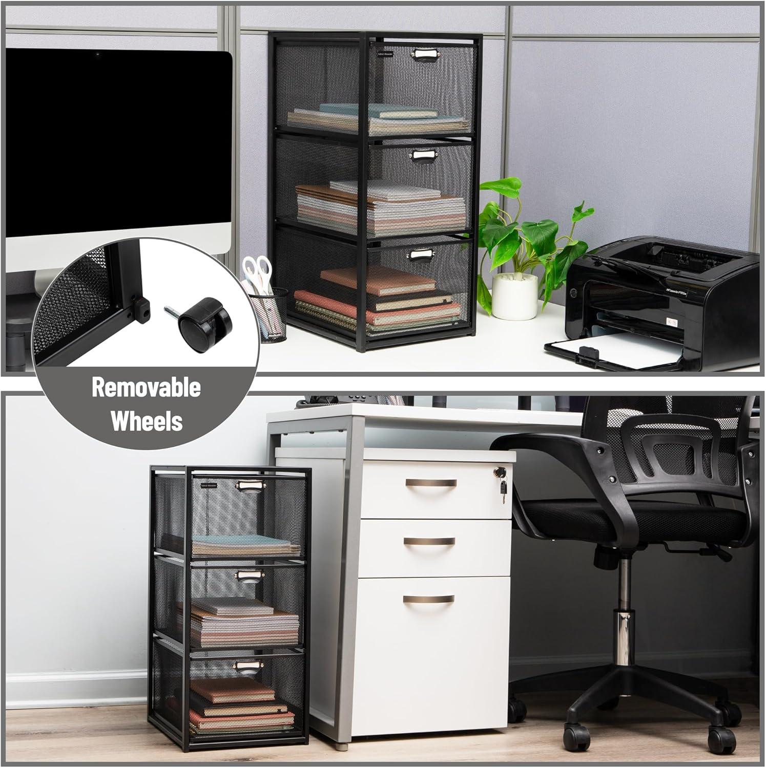 imageMind Reader Office Storage Organizer with Mesh Drawers Label Holders and Optional Wheels Metal Mesh Black3Drawers