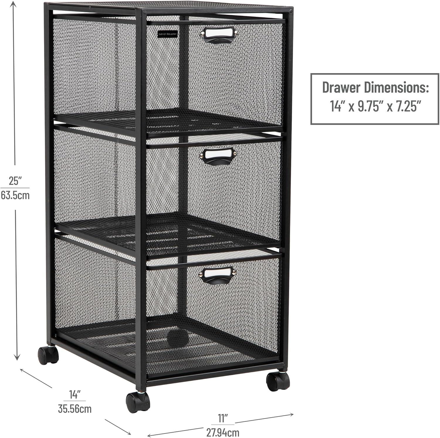 imageMind Reader Office Storage Organizer with Mesh Drawers Label Holders and Optional Wheels Metal Mesh Black3Drawers