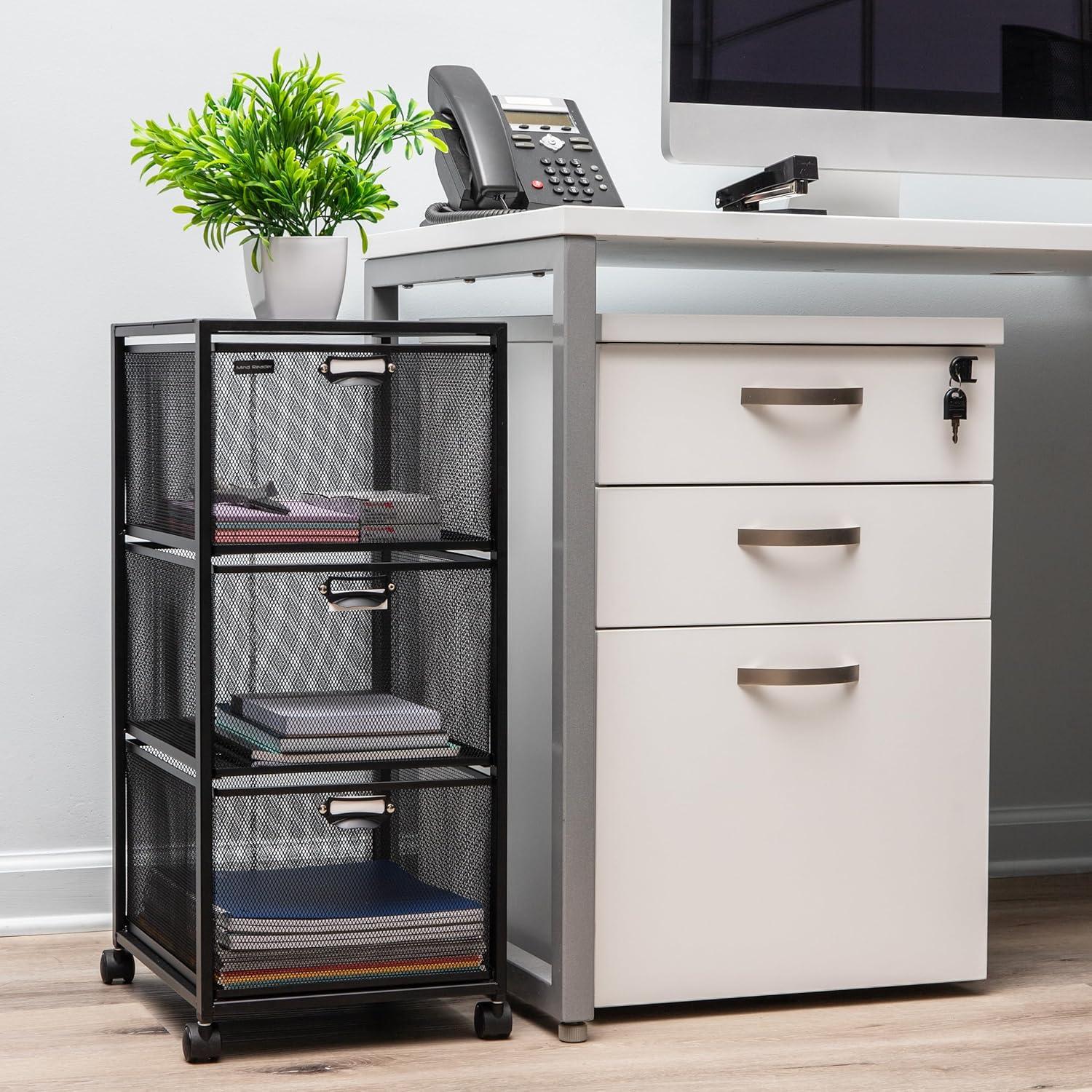 imageMind Reader Office Storage Organizer with Mesh Drawers Label Holders and Optional Wheels Metal Mesh Black3Drawers
