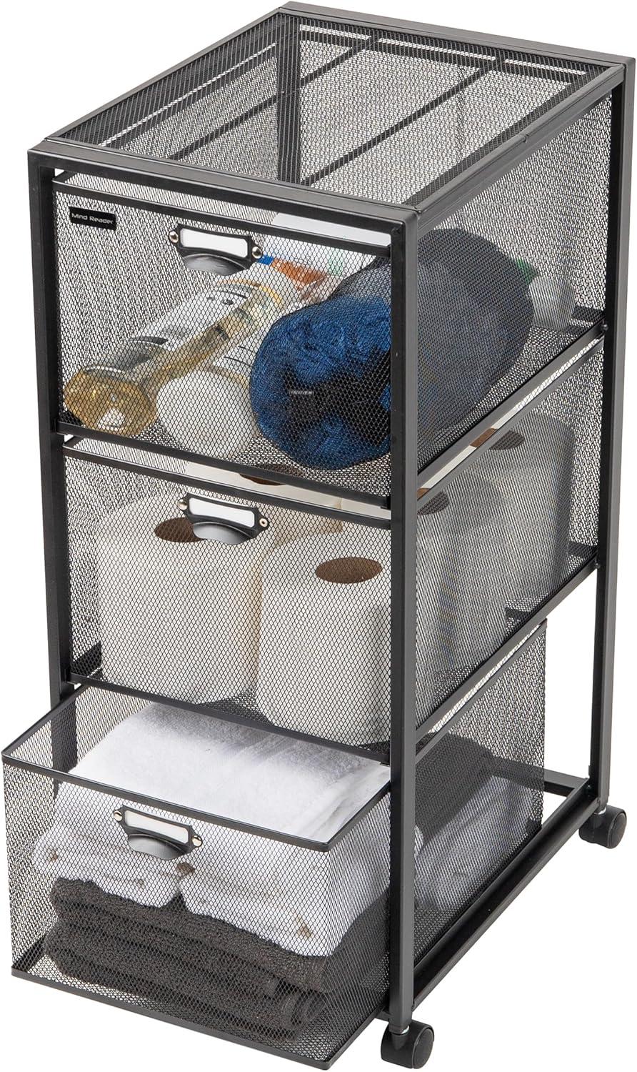 imageMind Reader Office Storage Organizer with Mesh Drawers Label Holders and Optional Wheels Metal Mesh Black3Drawers