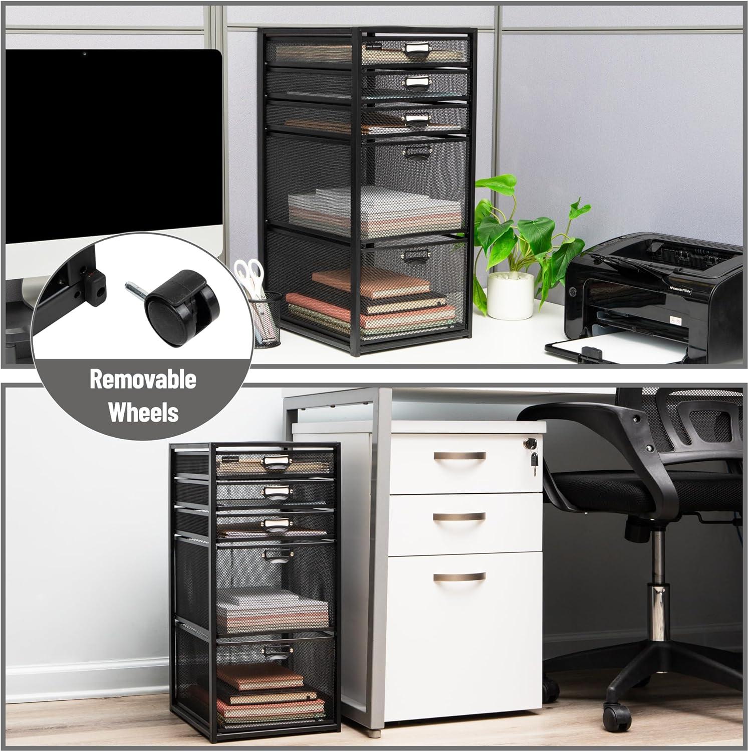 imageMind Reader Office Storage Organizer with Mesh Drawers Label Holders and Optional Wheels Metal Mesh Black5Drawers