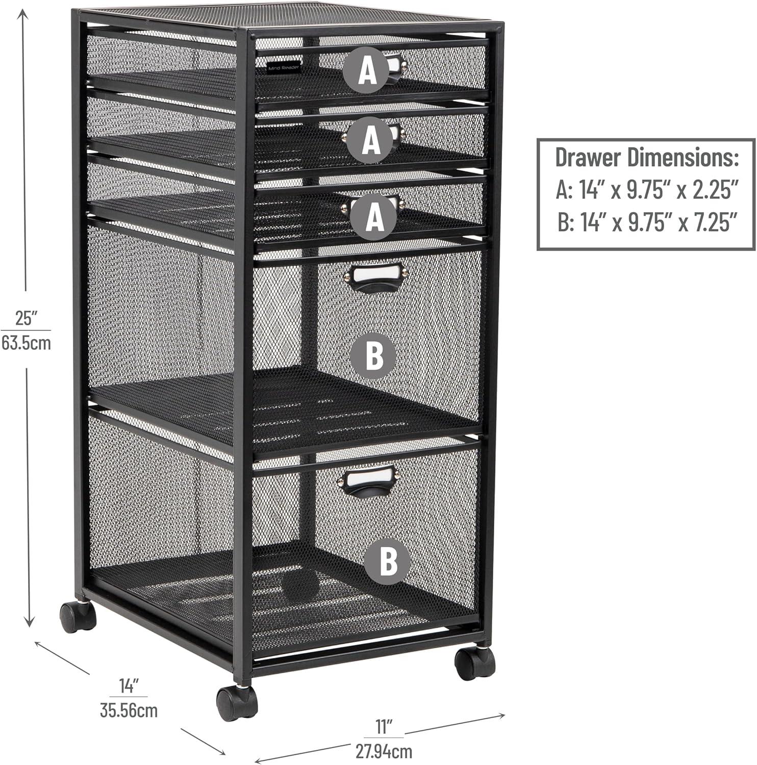 imageMind Reader Office Storage Organizer with Mesh Drawers Label Holders and Optional Wheels Metal Mesh Black5Drawers