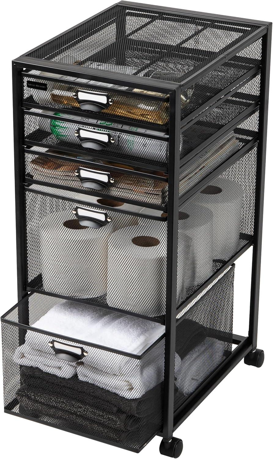 imageMind Reader Office Storage Organizer with Mesh Drawers Label Holders and Optional Wheels Metal Mesh Black5Drawers