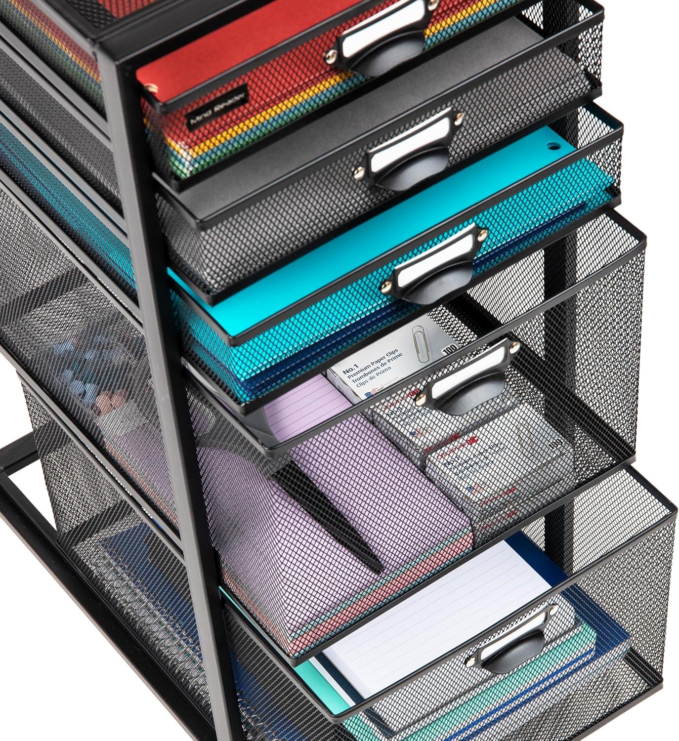 imageMind Reader Office Storage Organizer with Mesh Drawers Label Holders and Optional Wheels Metal Mesh Black5Drawers