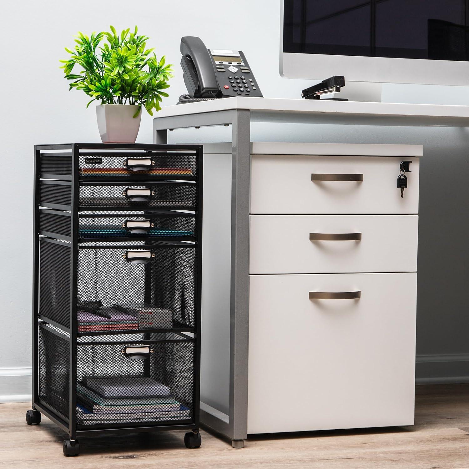 imageMind Reader Office Storage Organizer with Mesh Drawers Label Holders and Optional Wheels Metal Mesh Black5Drawers