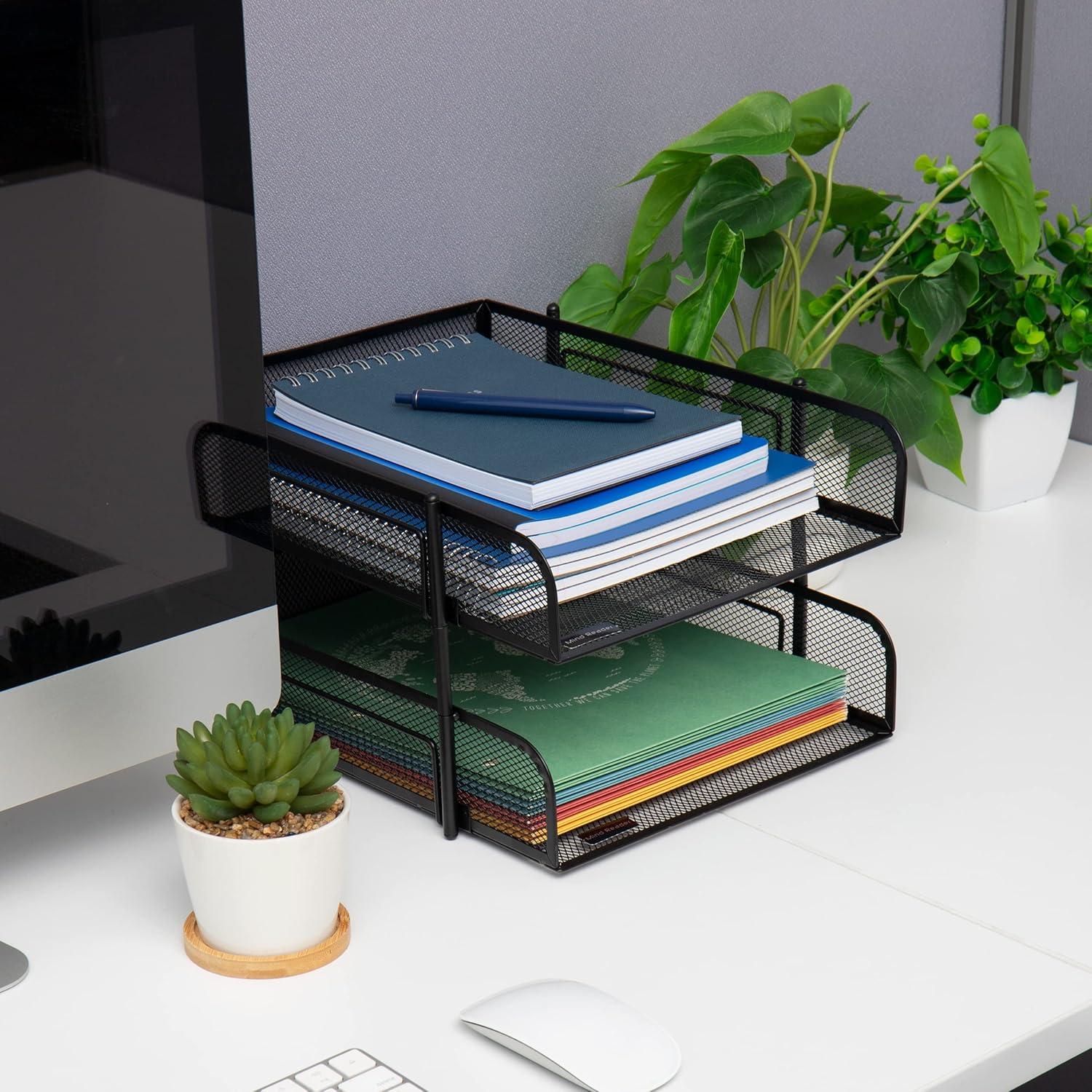 imageMind Reader Paper Tray Desk Organizer Stackable Storage Office Metal Mesh 105 L x 1325 W x 75 H Set of 2 Black12Pack