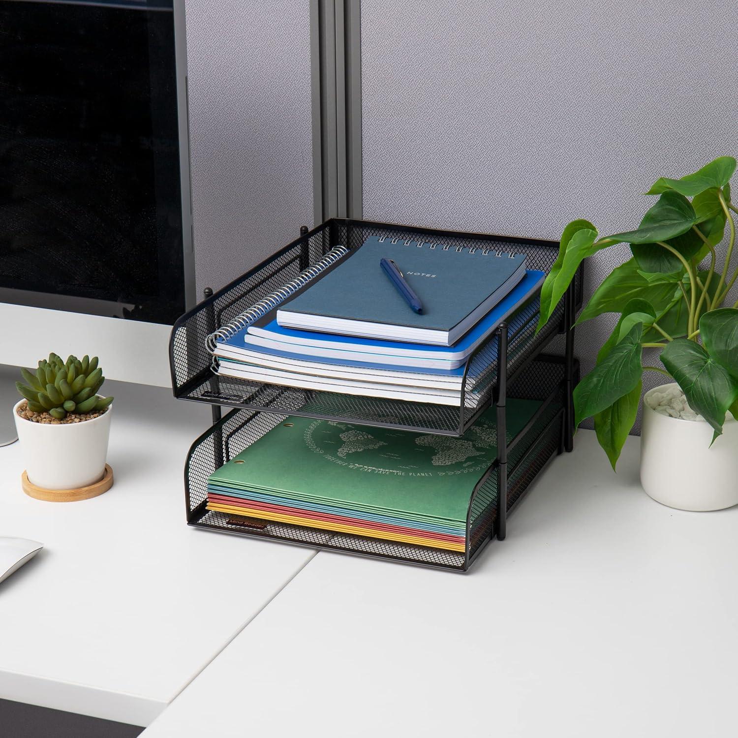 imageMind Reader Paper Tray Desk Organizer Stackable Storage Office Metal Mesh 105 L x 1325 W x 75 H Set of 2 Black12Pack