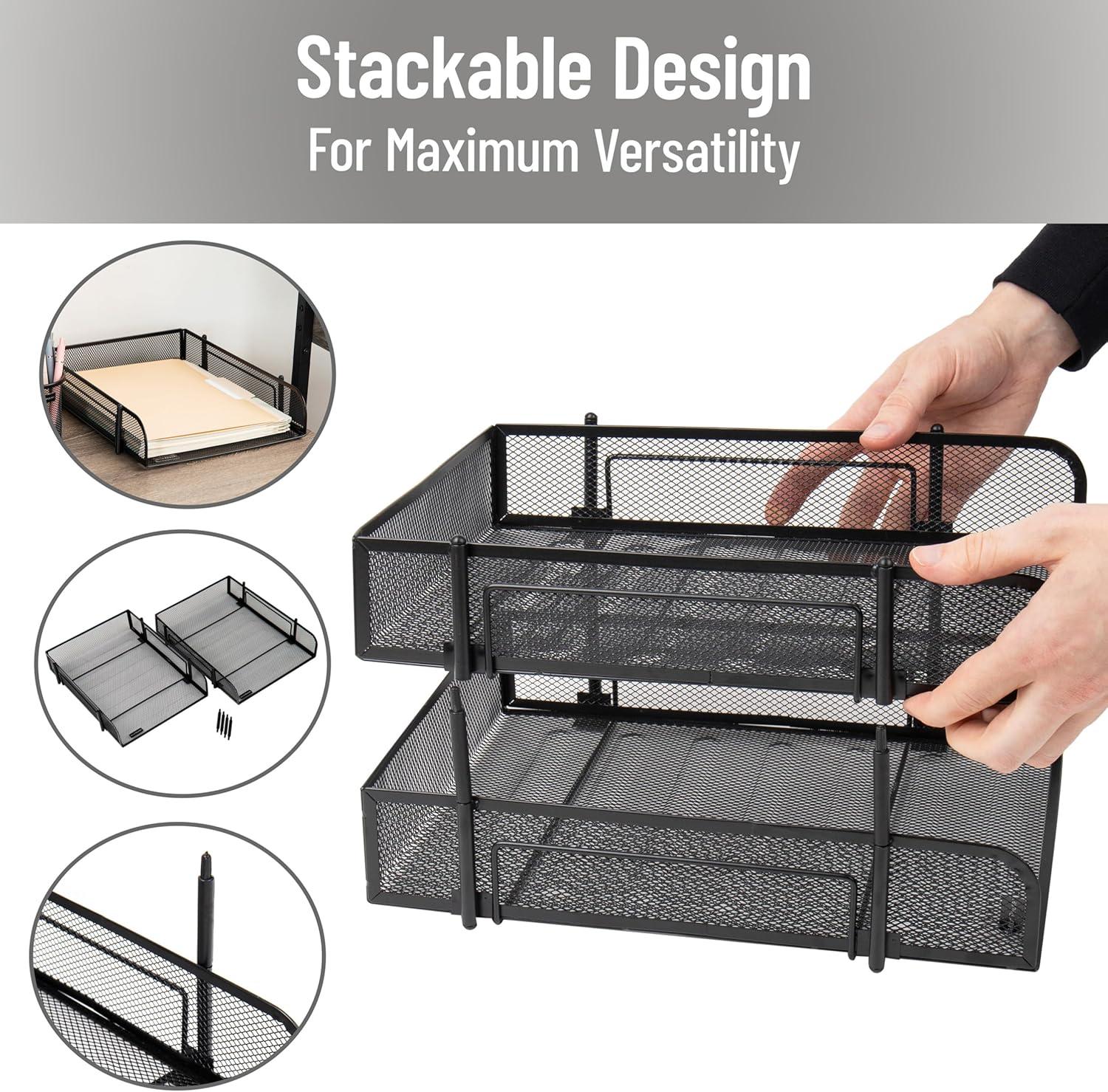 imageMind Reader Paper Tray Desk Organizer Stackable Storage Office Metal Mesh 105 L x 1325 W x 75 H Set of 2 Black2Pack