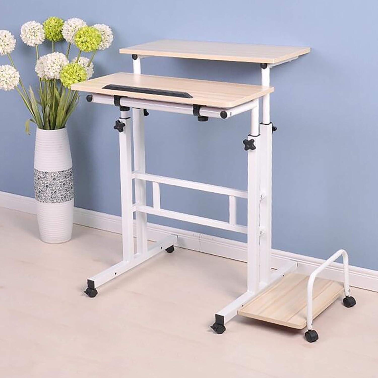 imageMind Reader SDROLLWHT Mobile Sitting Standing Desk Rolling Reversible Home Office Laptop Workstation with Side Storage Locking Wheels Large White