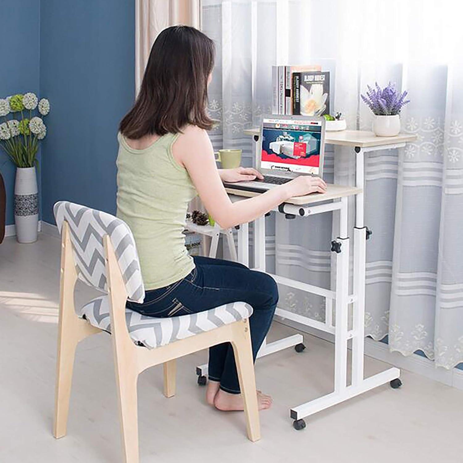 imageMind Reader SDROLLWHT Mobile Sitting Standing Desk Rolling Reversible Home Office Laptop Workstation with Side Storage Locking Wheels Large White