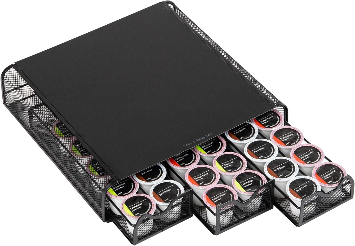 imageMind Reader Single Serve Coffee Pod Organizer with 3 Drawers 36 Pod Capacity Countertop 135L x 1225W x 25H BrownBlack