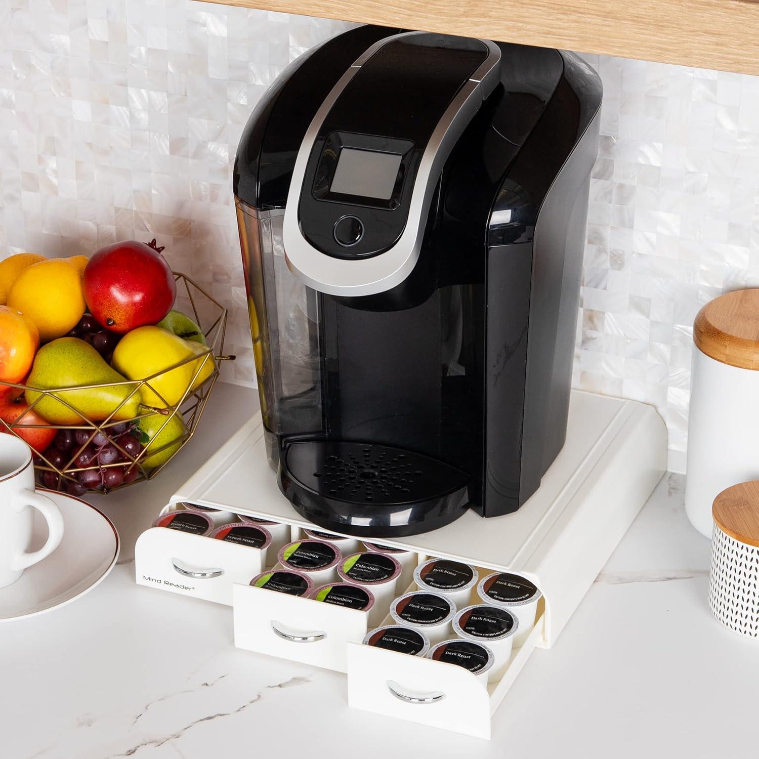 imageMind Reader Single Serve Coffee Pod Organizer with 3 Drawers 36 Pod Capacity Countertop 135L x 1225W x 25H RedWhite