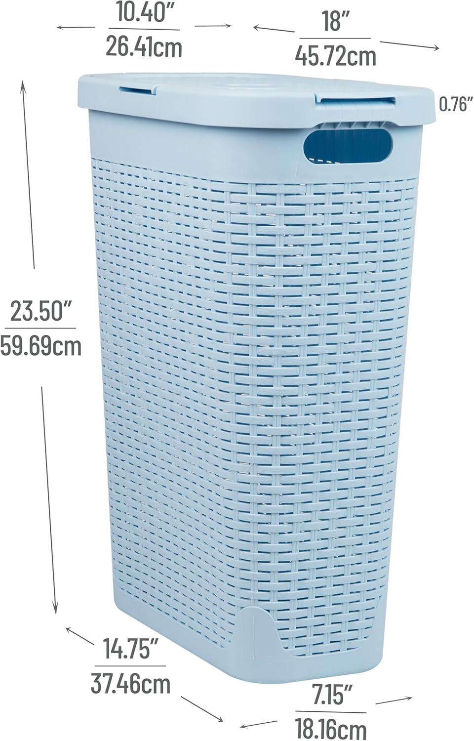 imageMind Reader Slim Laundry Hamper with Lid 40L Clothes Basket Premium Wicker Design Plastic TanBaby Blue