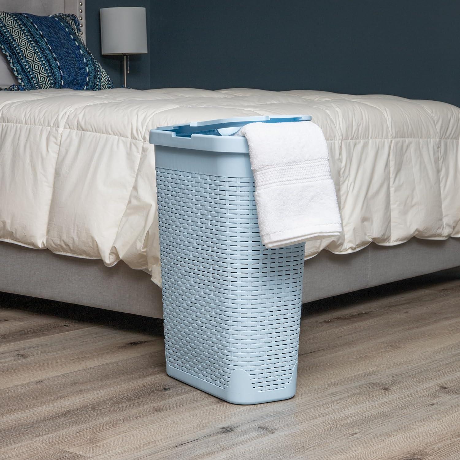 imageMind Reader Slim Laundry Hamper with Lid 40L Clothes Basket Premium Wicker Design Plastic TanBaby Blue