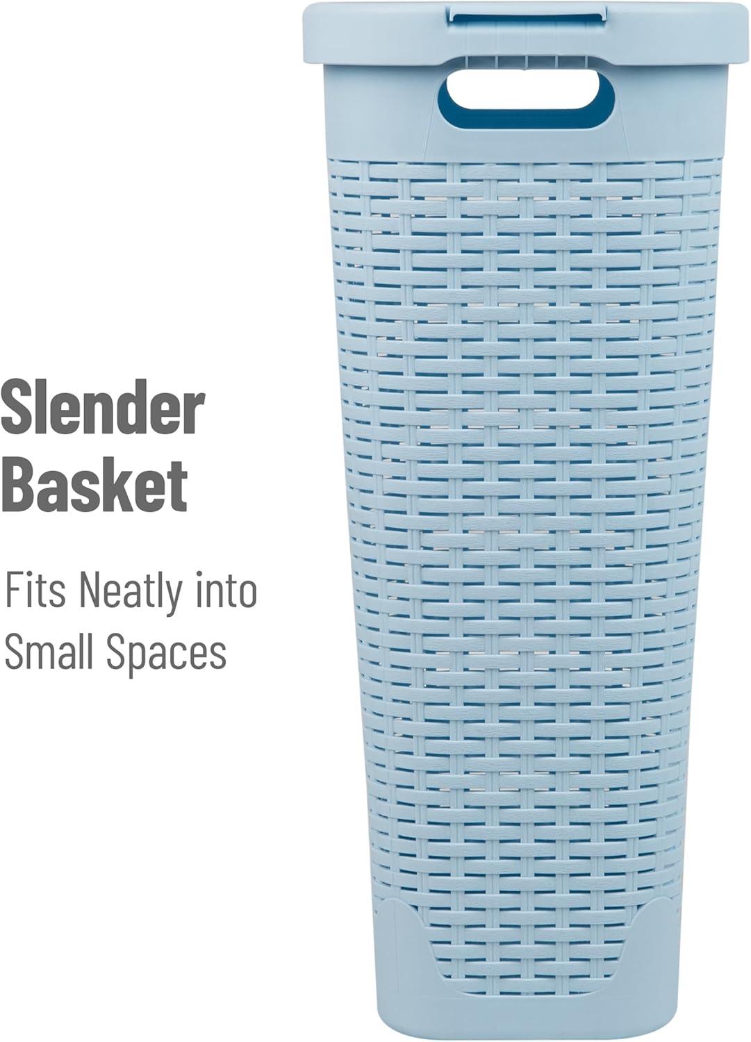 imageMind Reader Slim Laundry Hamper with Lid 40L Clothes Basket Premium Wicker Design Plastic TanBaby Blue