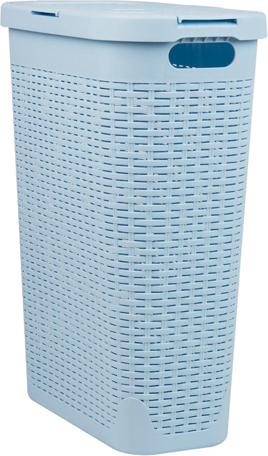 imageMind Reader Slim Laundry Hamper with Lid 40L Clothes Basket Premium Wicker Design Plastic TanBaby Blue