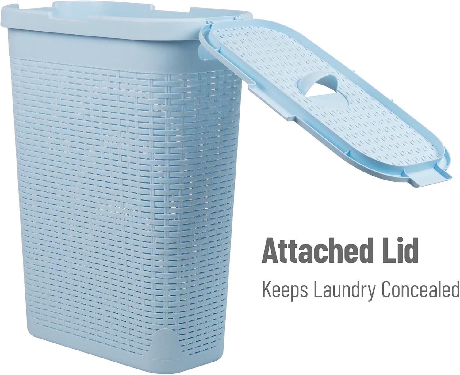 imageMind Reader Slim Laundry Hamper with Lid 40L Clothes Basket Premium Wicker Design Plastic TanBaby Blue