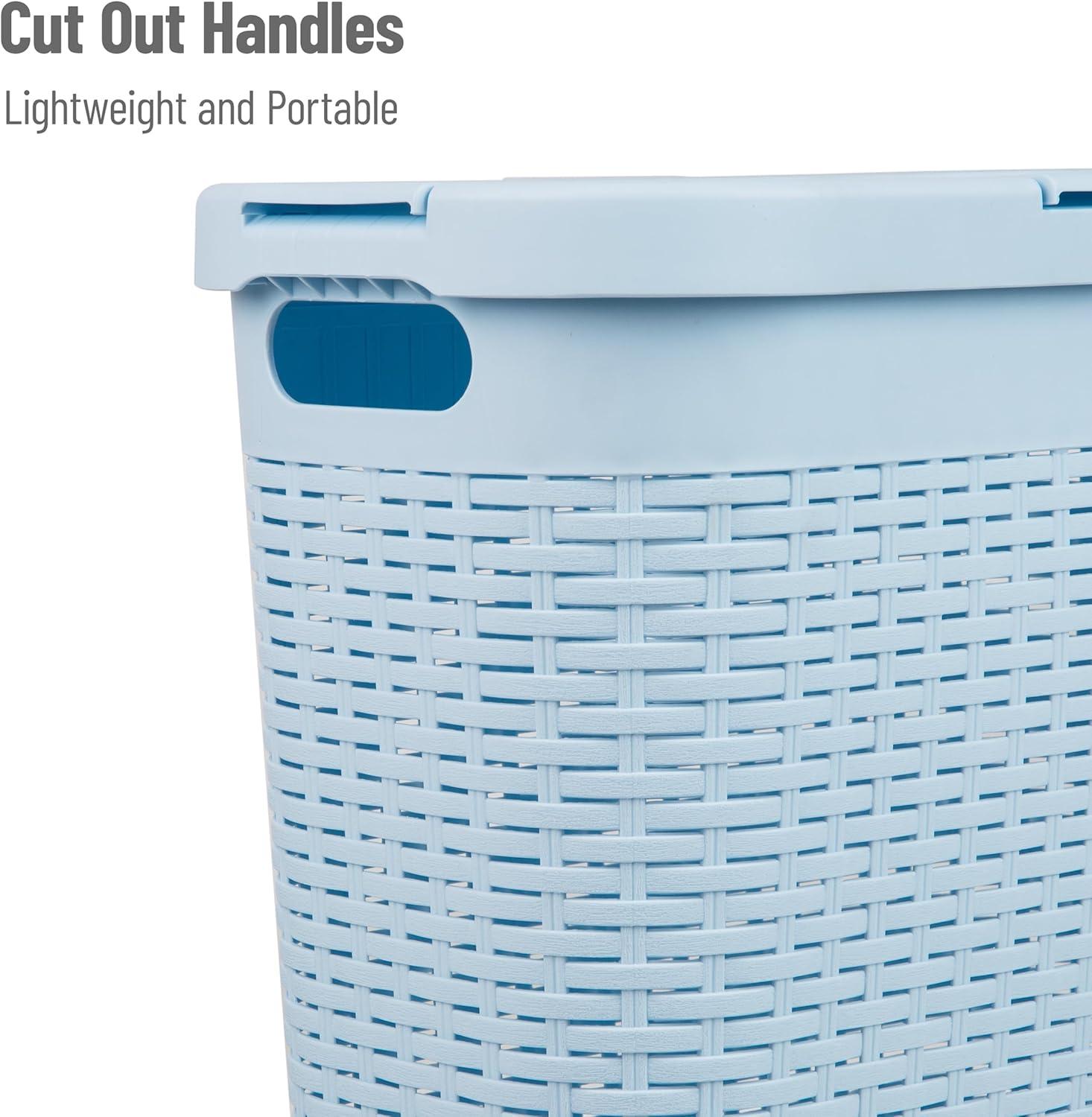 imageMind Reader Slim Laundry Hamper with Lid 40L Clothes Basket Premium Wicker Design Plastic TanBaby Blue