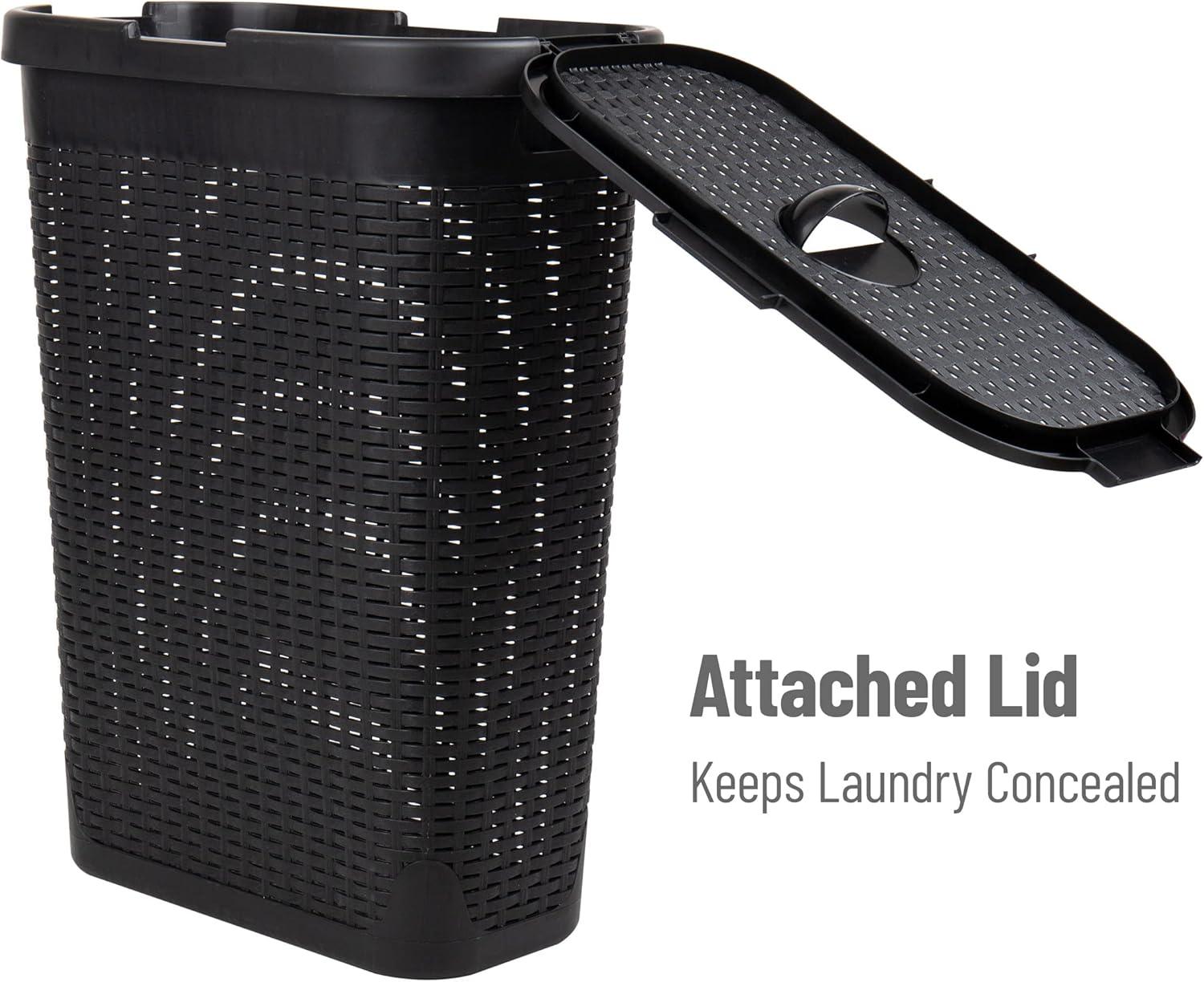 imageMind Reader Slim Laundry Hamper with Lid 40L Clothes Basket Premium Wicker Design Plastic TanBlack