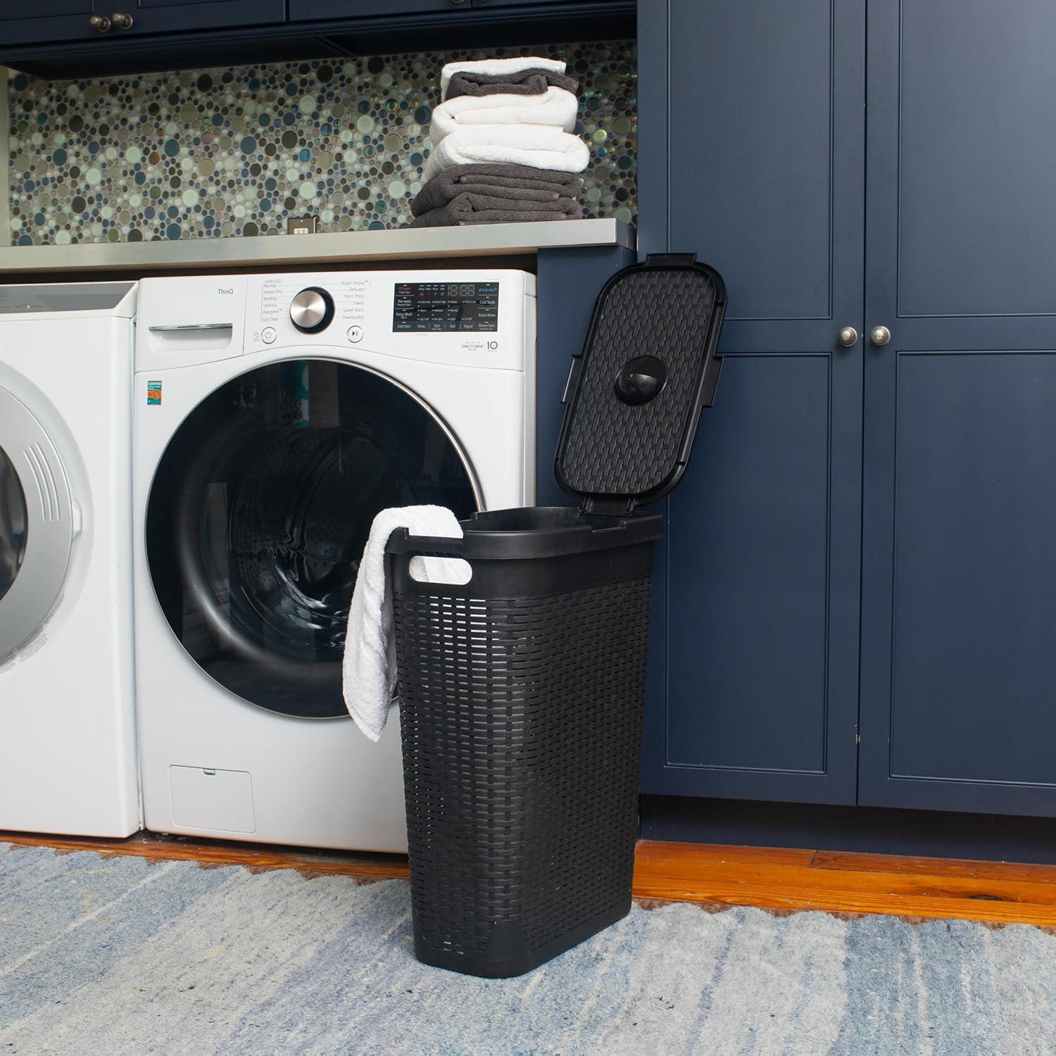 imageMind Reader Slim Laundry Hamper with Lid 40L Clothes Basket Premium Wicker Design Plastic TanBlack