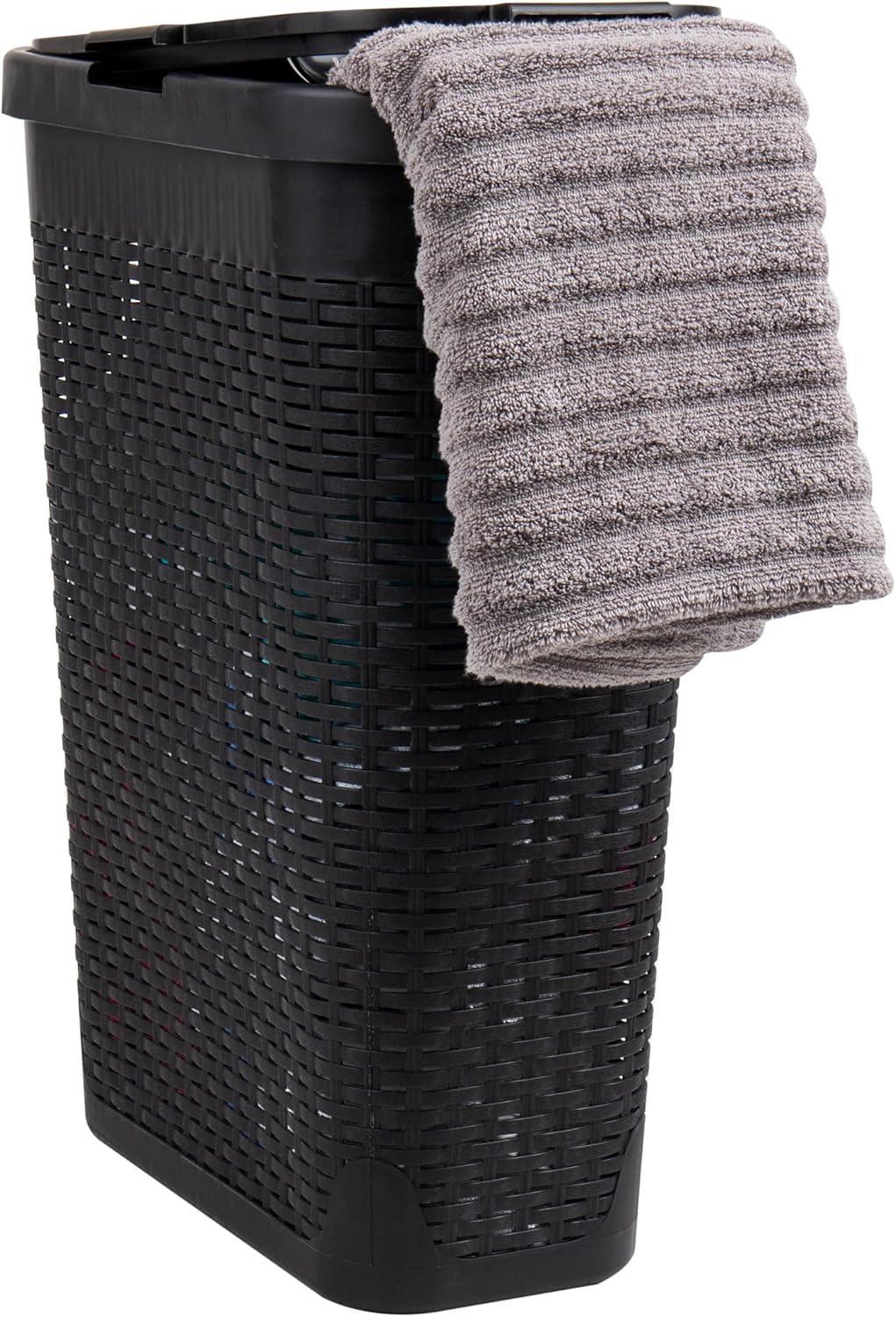 imageMind Reader Slim Laundry Hamper with Lid 40L Clothes Basket Premium Wicker Design Plastic TanBlack
