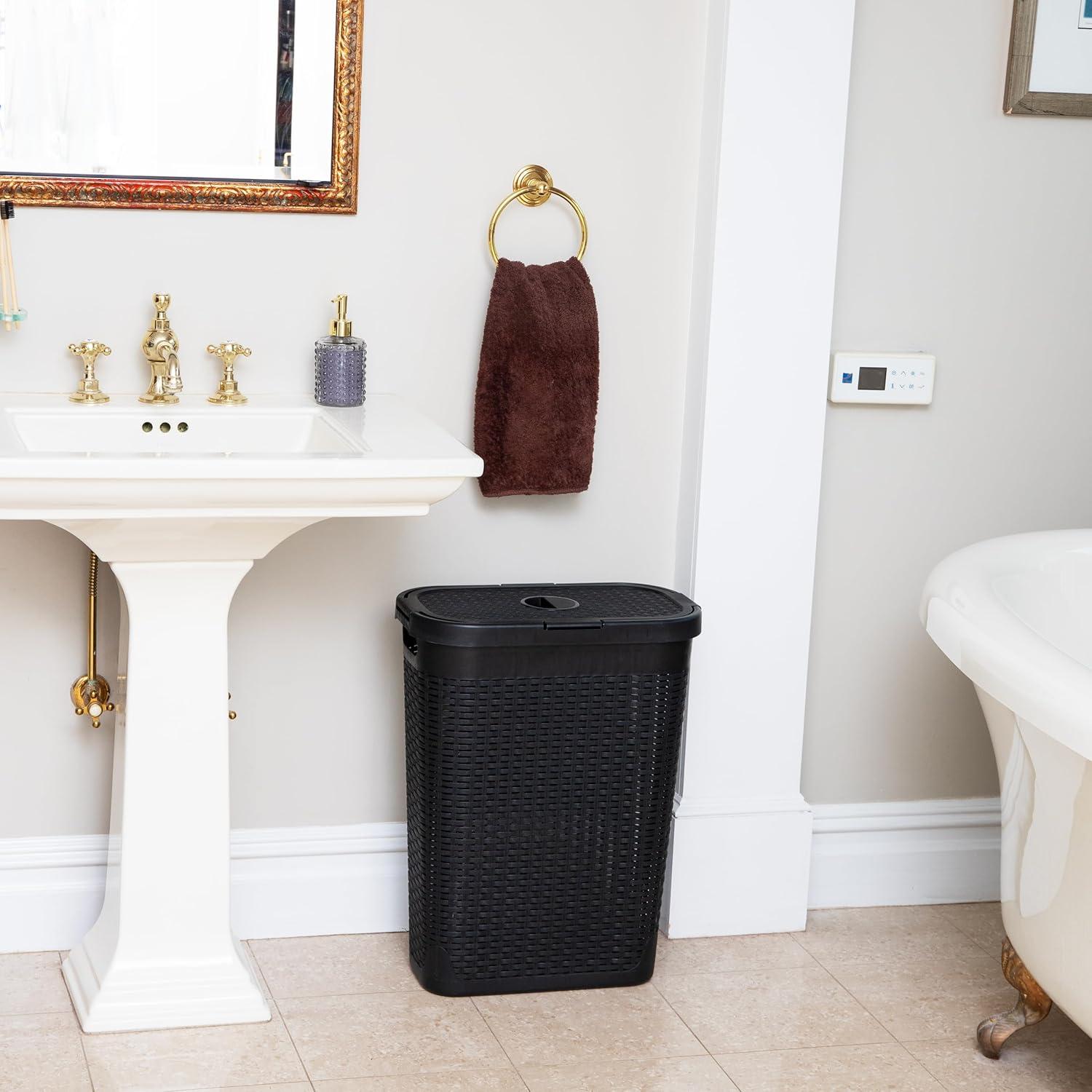 imageMind Reader Slim Laundry Hamper with Lid 40L Clothes Basket Premium Wicker Design Plastic TanBlack