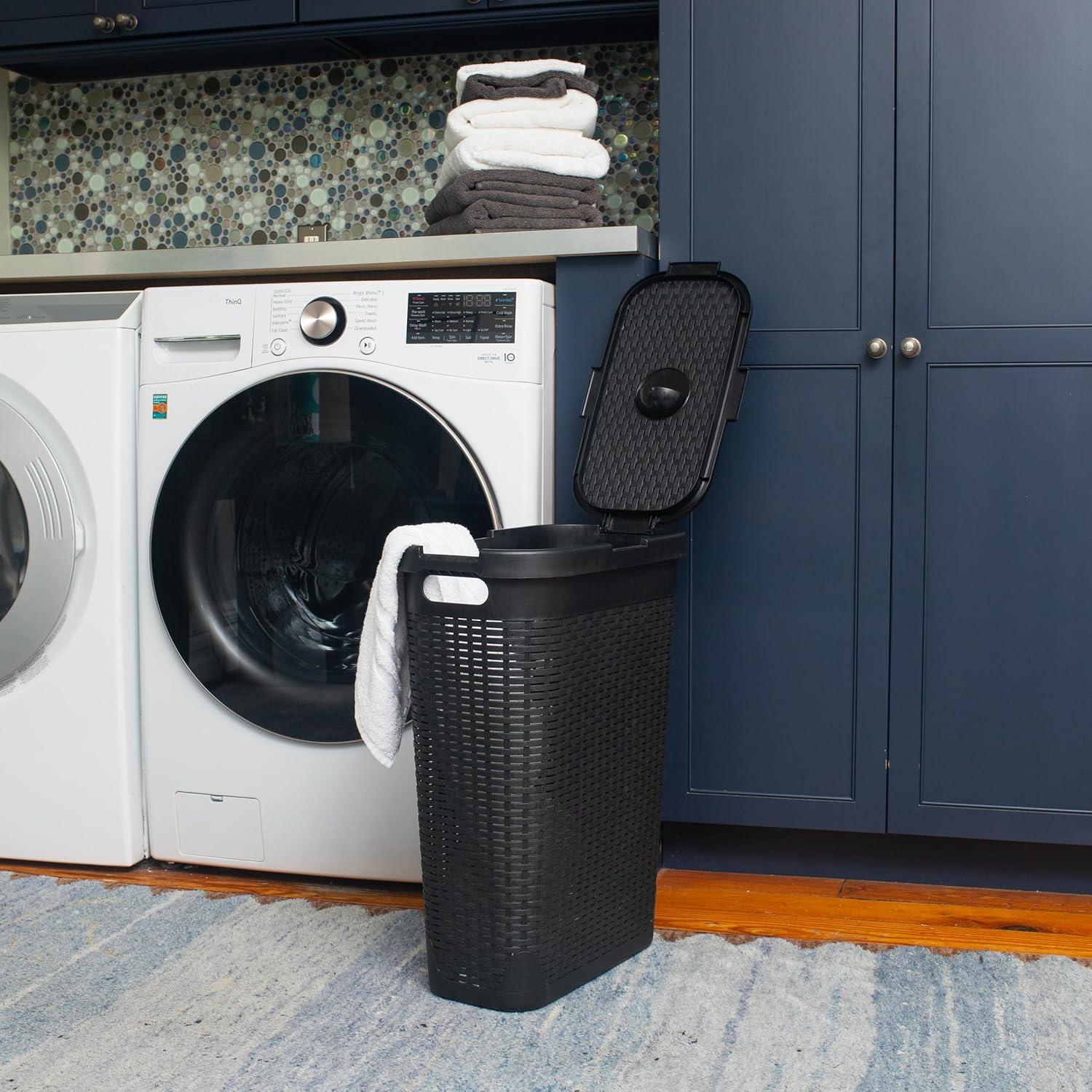 imageMind Reader Slim Laundry Hamper with Lid 40L Clothes Basket Premium Wicker Design Plastic TanBlack