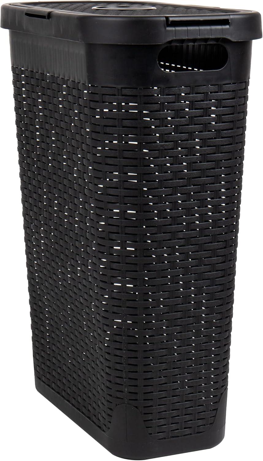 imageMind Reader Slim Laundry Hamper with Lid 40L Clothes Basket Premium Wicker Design Plastic TanBlack