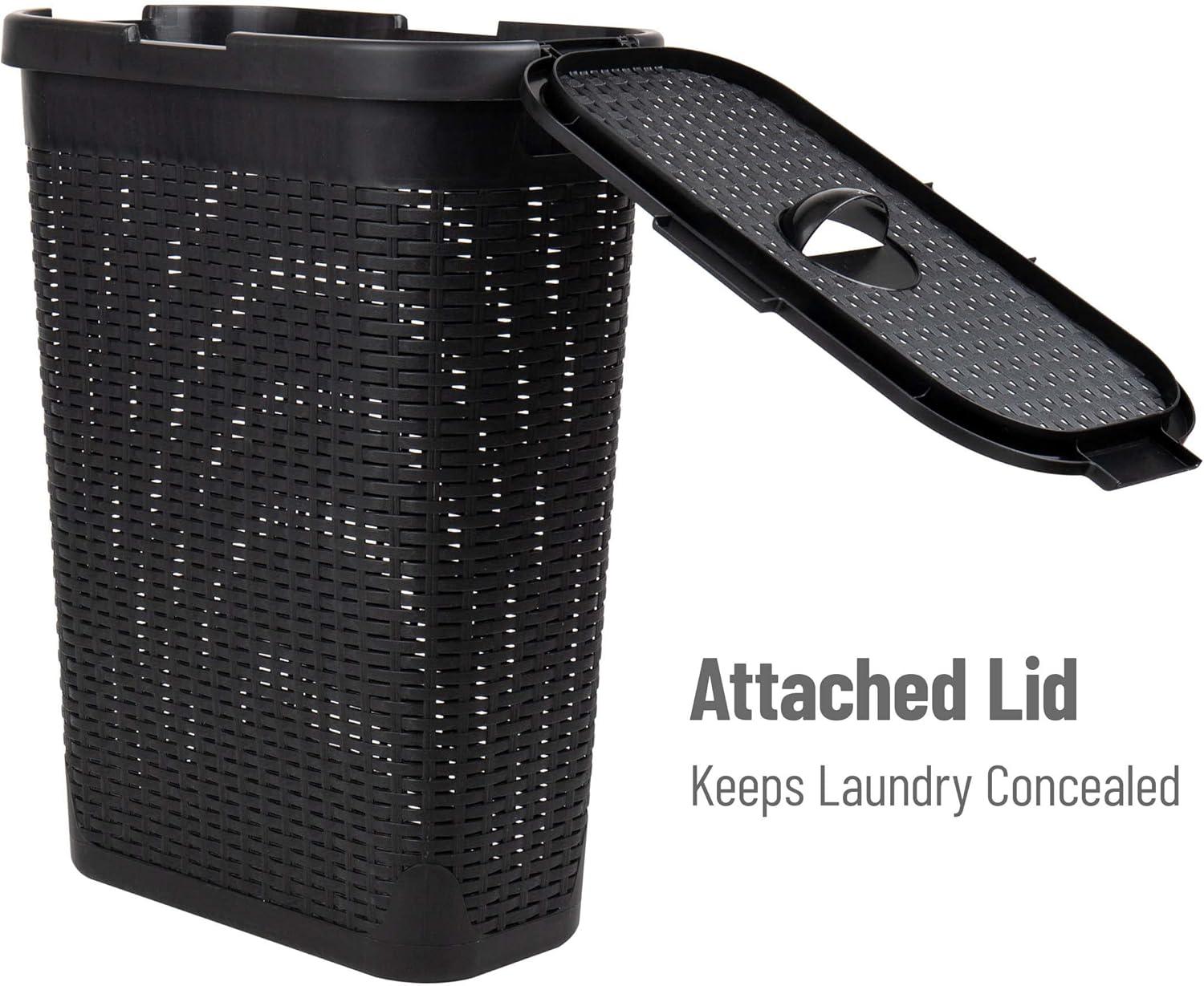 imageMind Reader Slim Laundry Hamper with Lid 40L Clothes Basket Premium Wicker Design Plastic TanBlack