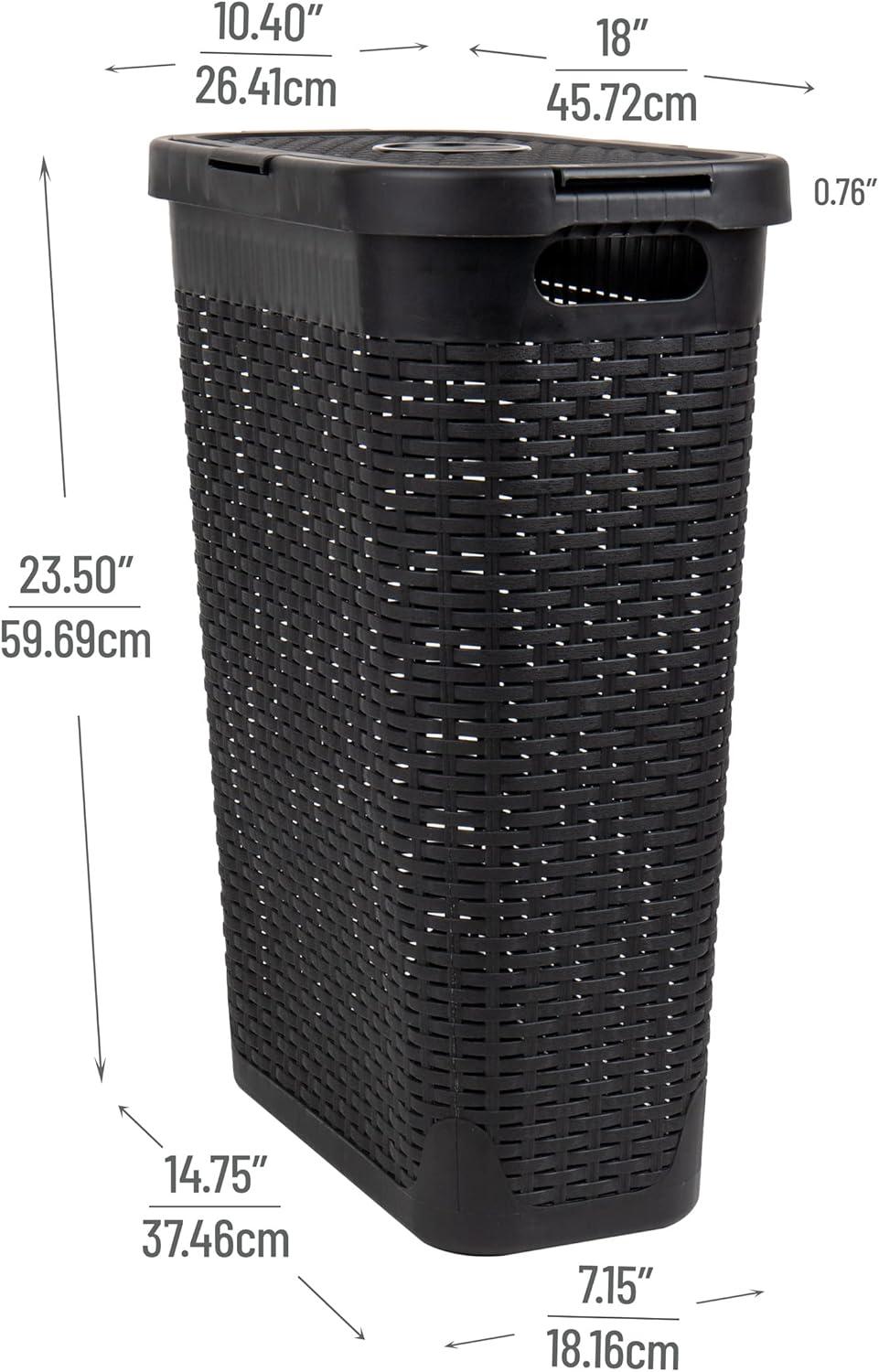 imageMind Reader Slim Laundry Hamper with Lid 40L Clothes Basket Premium Wicker Design Plastic TanBlack