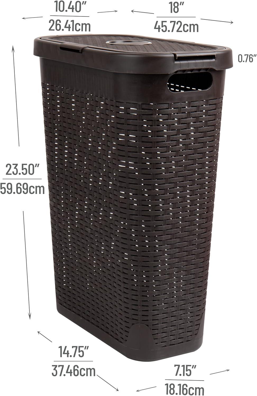 imageMind Reader Slim Laundry Hamper with Lid 40L Clothes Basket Premium Wicker Design Plastic TanBrown
