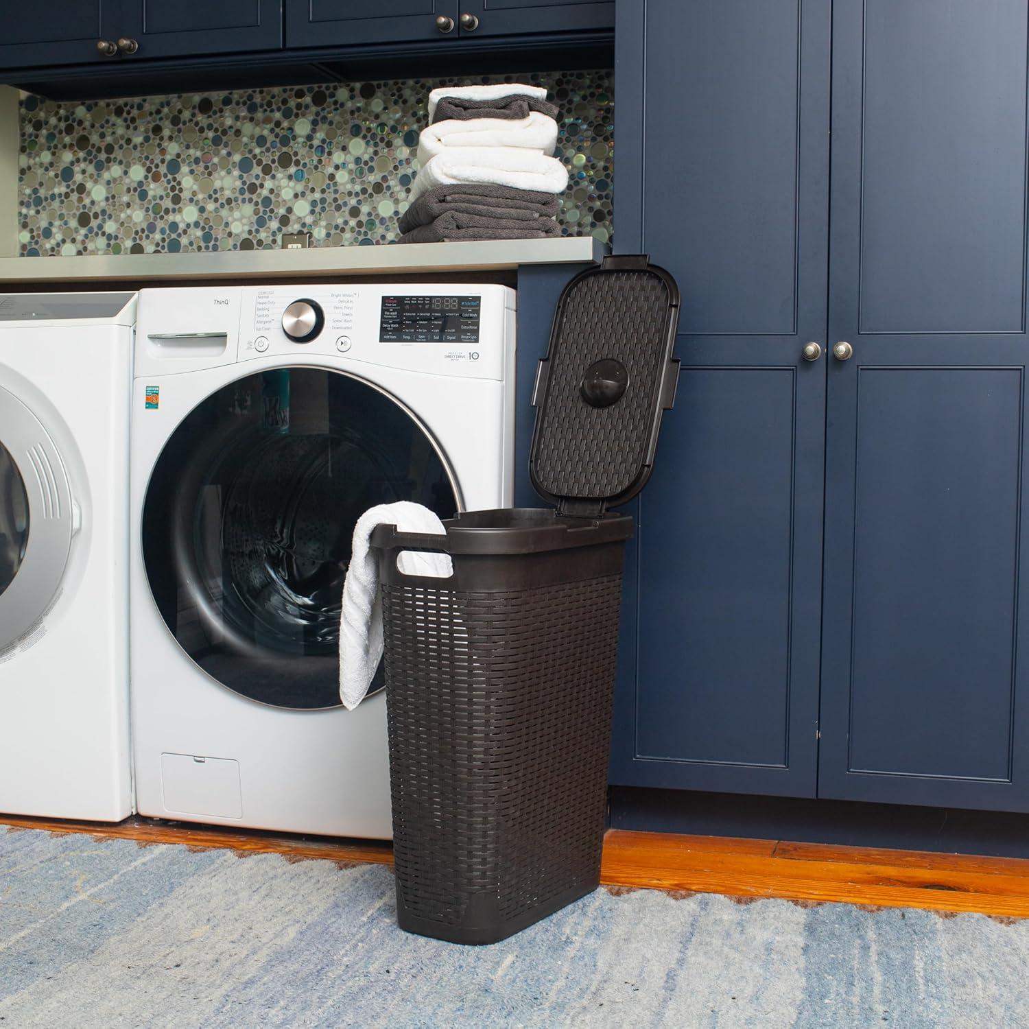 imageMind Reader Slim Laundry Hamper with Lid 40L Clothes Basket Premium Wicker Design Plastic TanBrown