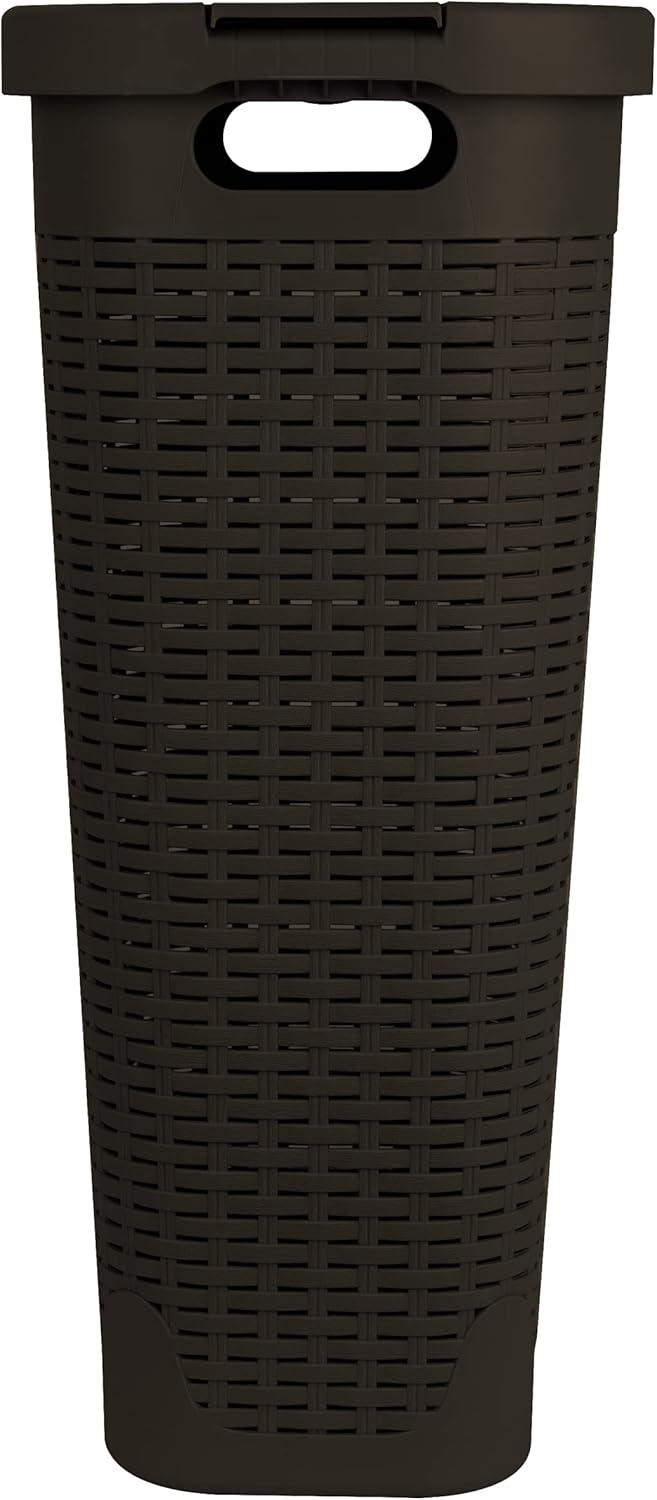 imageMind Reader Slim Laundry Hamper with Lid 40L Clothes Basket Premium Wicker Design Plastic TanBrown